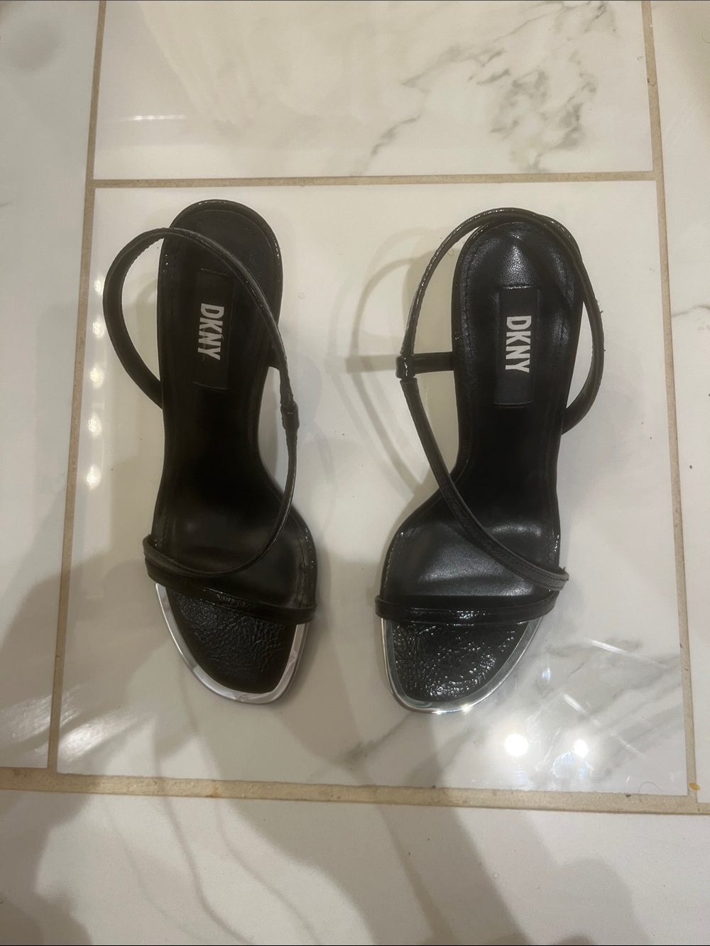 DKNY Black Patent Slingback Heels with Silver Toe Trim